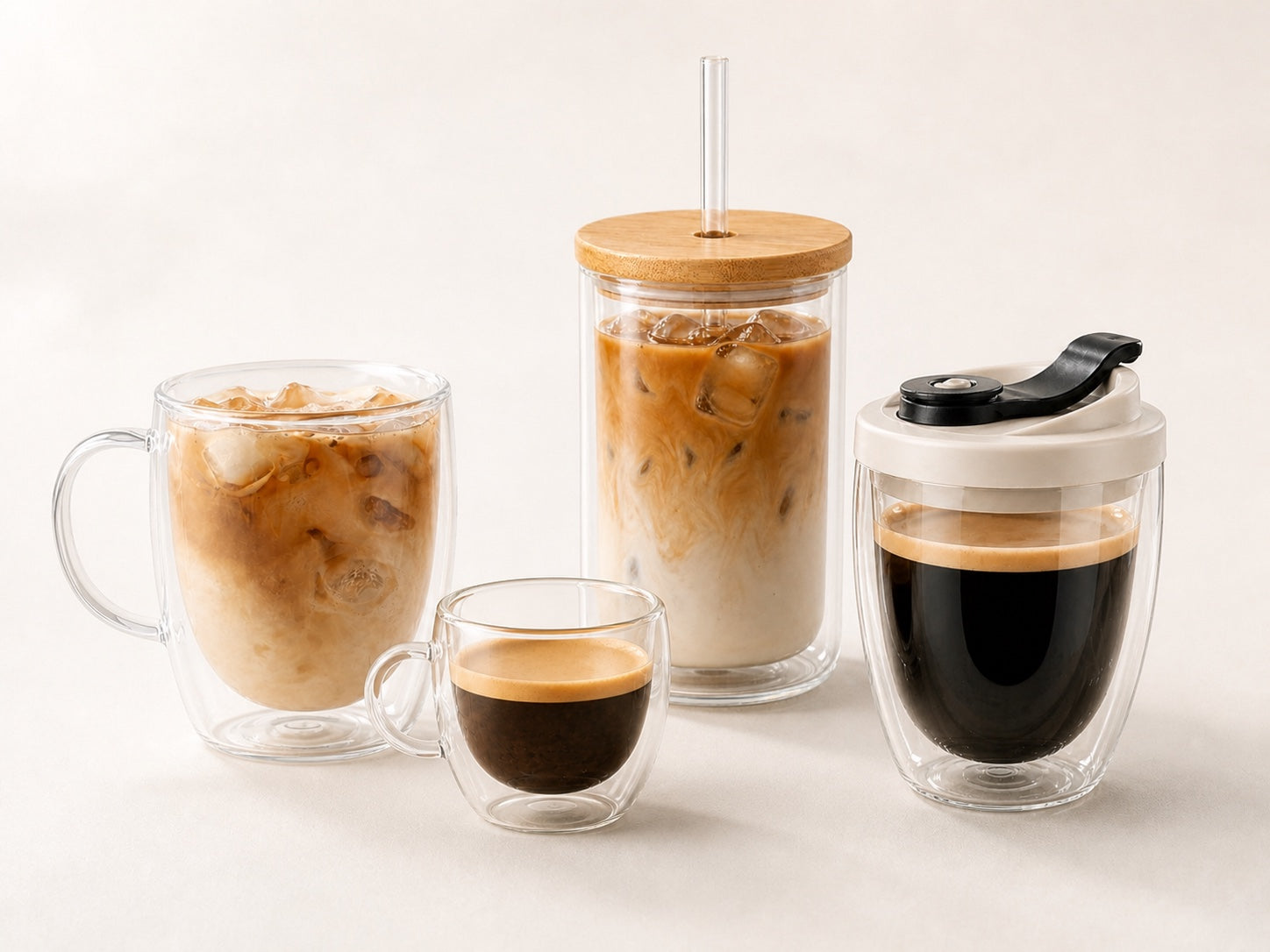 Assorted double-wall mugs, espresso cups, and lidded glassware for Drink Better