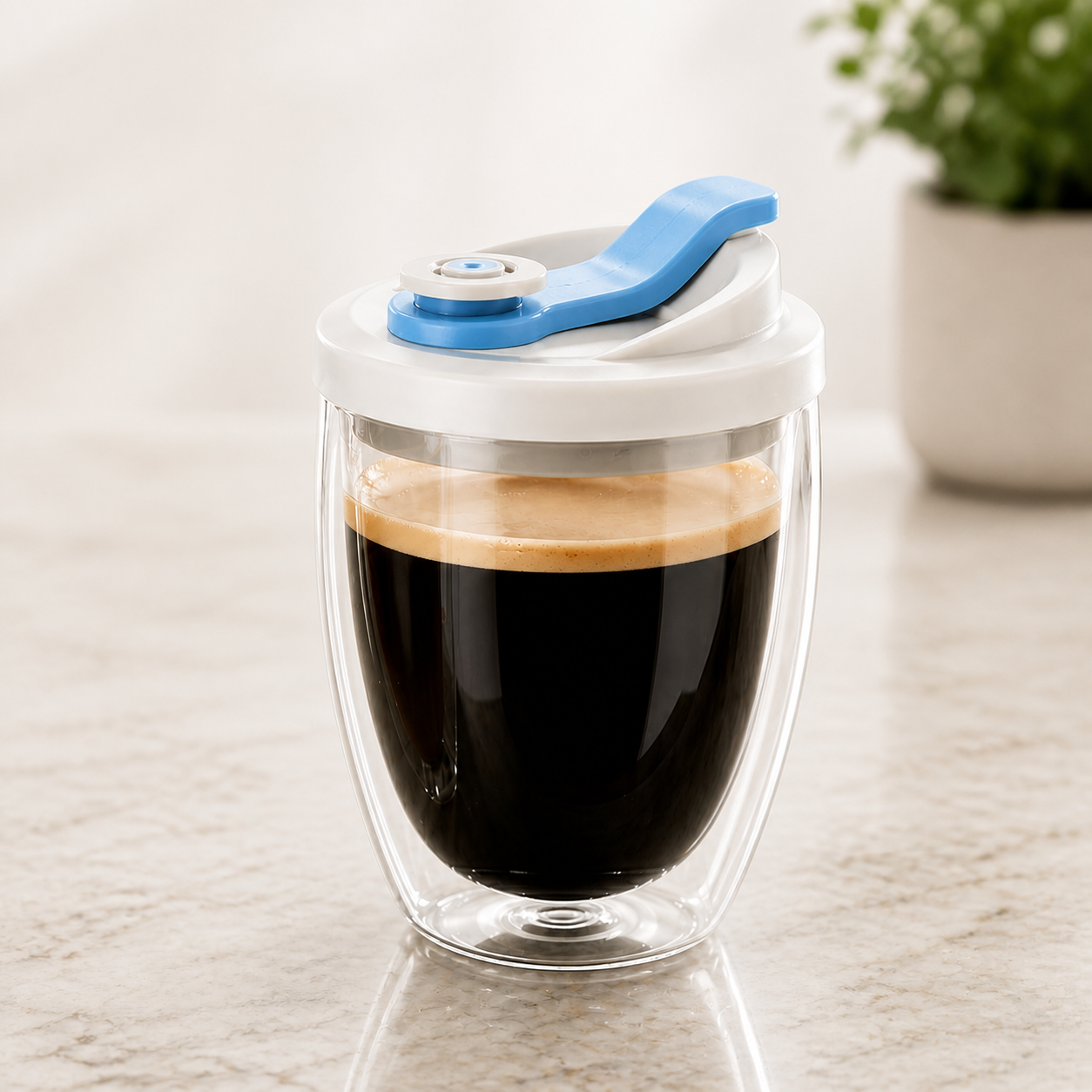 Double Wall Glass Coffee Mug with Lid - 12oz in blue