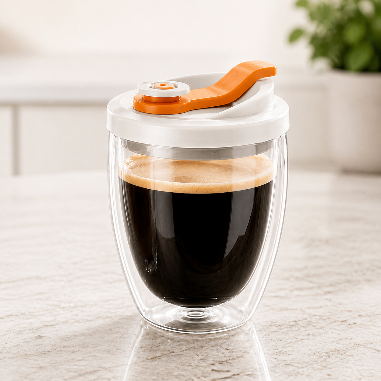 Double Wall Glass Coffee Mug with Lid - 12oz in orange