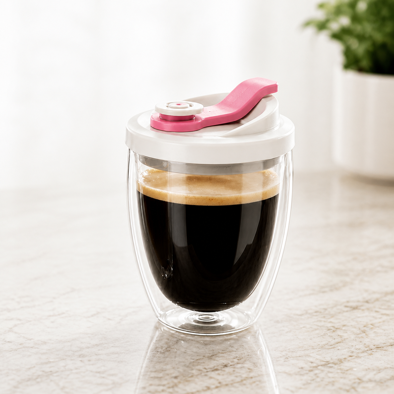 Double Wall Glass Coffee Mug with Lid - 12oz in pink